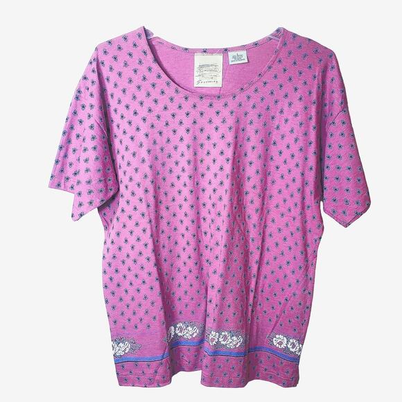 Souvenirs Pink Purple Floral Print Short Sleeve Crewneck T-Shirt Size Small - Picture 1 of 3